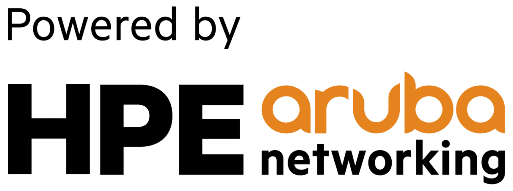 Powered by HPE Aruba Networking Logo mit 'HPE' in schwarz und 'aruba networking' in orange und schwarz - ideal für IT Unternehmen Dresden, die innovative Netzwerktechnik und robuste IT Infrastruktur Lösungen suchen.